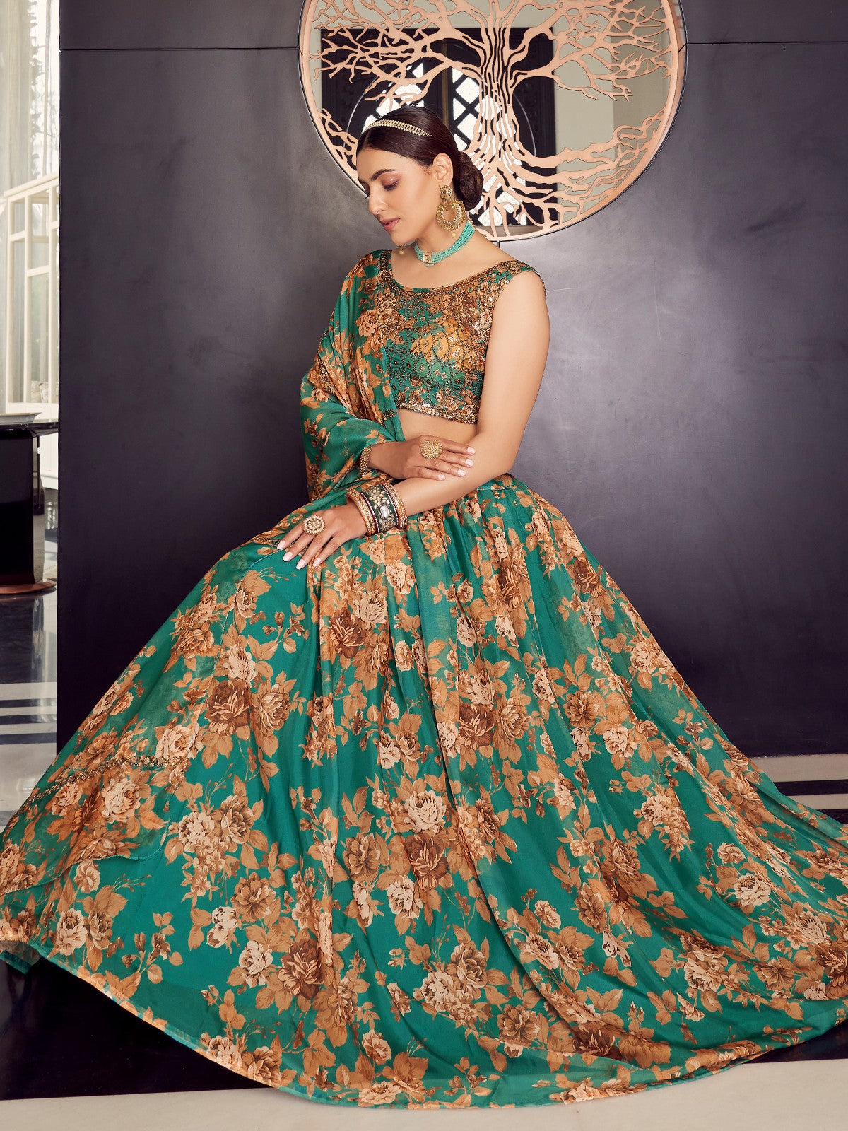 Odette Women Green Organza Semi Stitched Lehenga With Unstitched Blouse