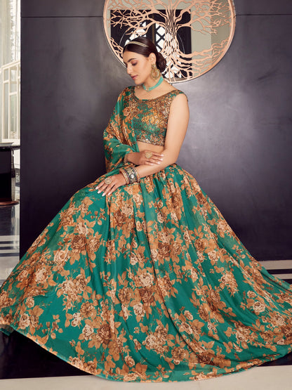 Odette Women Green Organza Semi Stitched Lehenga With Unstitched Blouse