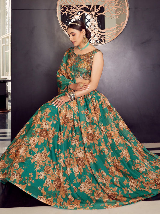 Odette Women Green Organza Semi Stitched Lehenga With Unstitched Blouse