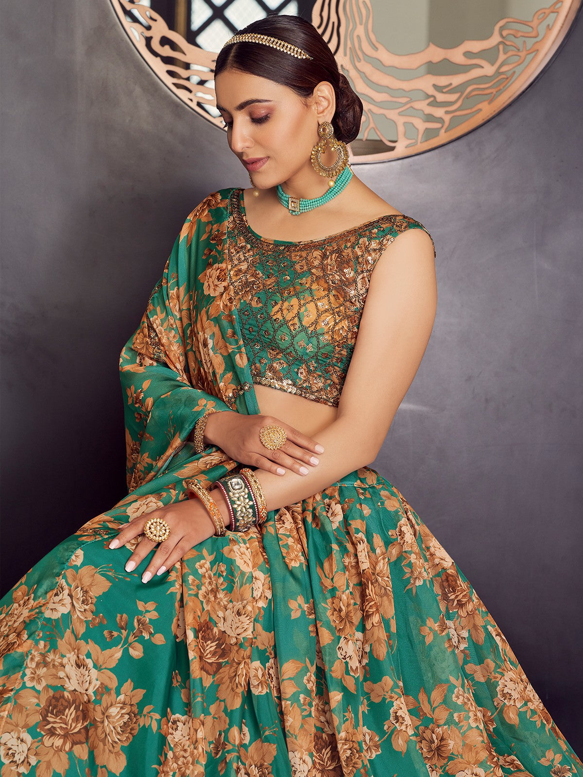 Odette Women Green Organza Semi Stitched Lehenga With Unstitched Blouse