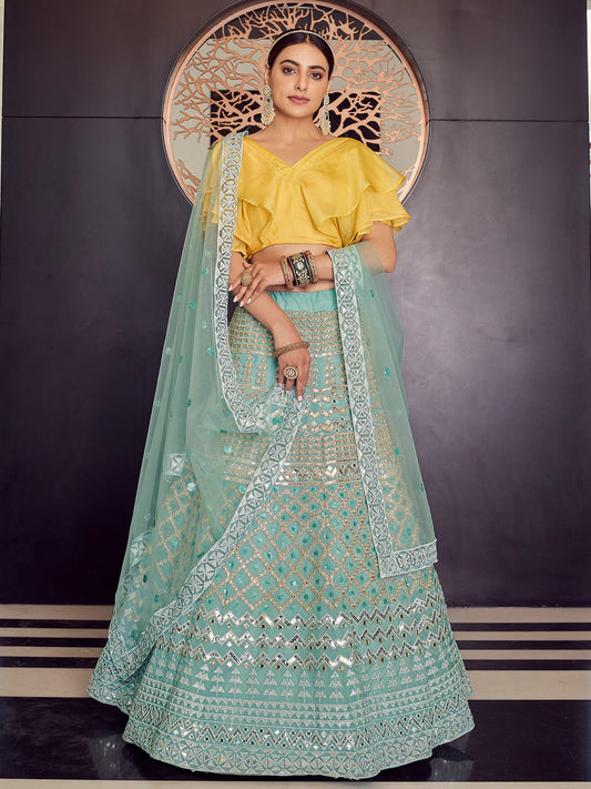 Odette Women Sea Green Stunning Semi Stitched Lehenga With  Unstitched Blouse
