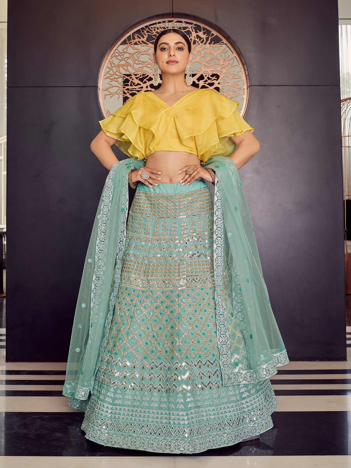 Odette Women Sea Green Stunning Semi Stitched Lehenga With  Unstitched Blouse