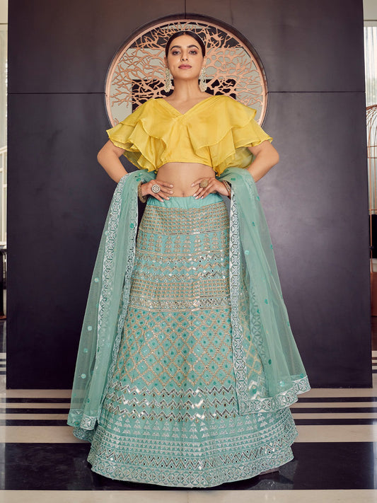 Odette Women Sea Green Stunning Semi Stitched Lehenga With  Unstitched Blouse