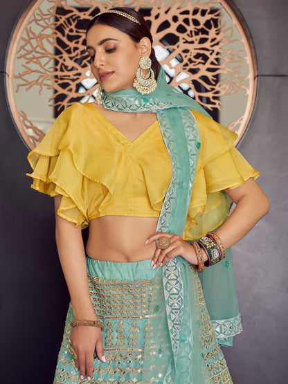 Odette Women Sea Green Stunning Semi Stitched Lehenga With  Unstitched Blouse