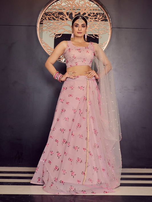 Odette Women Designer Pink Semi Stitched Lehenga With Unstitched Blouse
