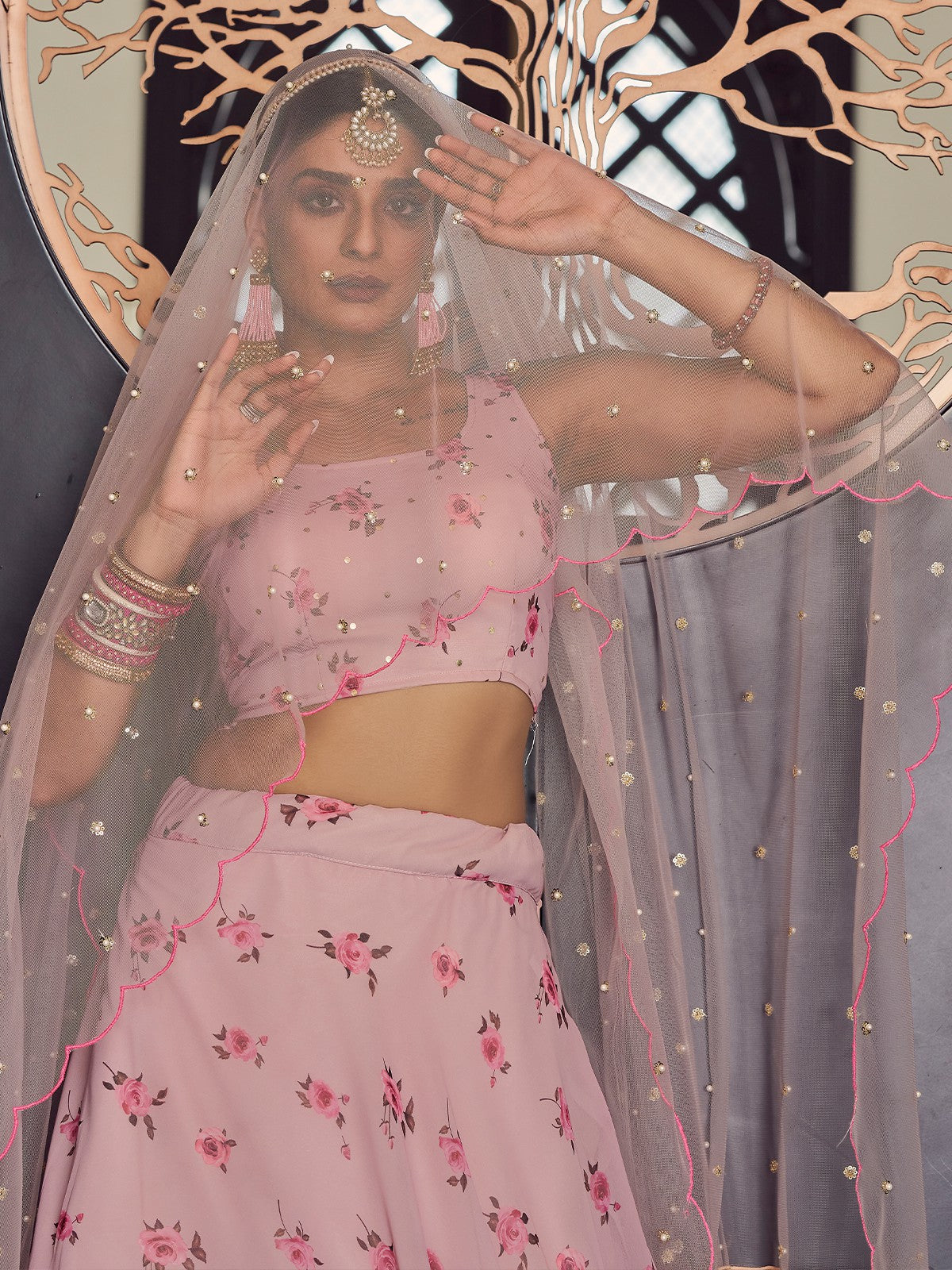 Odette Women Designer Pink Semi Stitched Lehenga With Unstitched Blouse