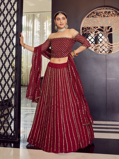 Odette Women Georgette Maroon Semi Stitched Lehenga With Unstitched Blouse
