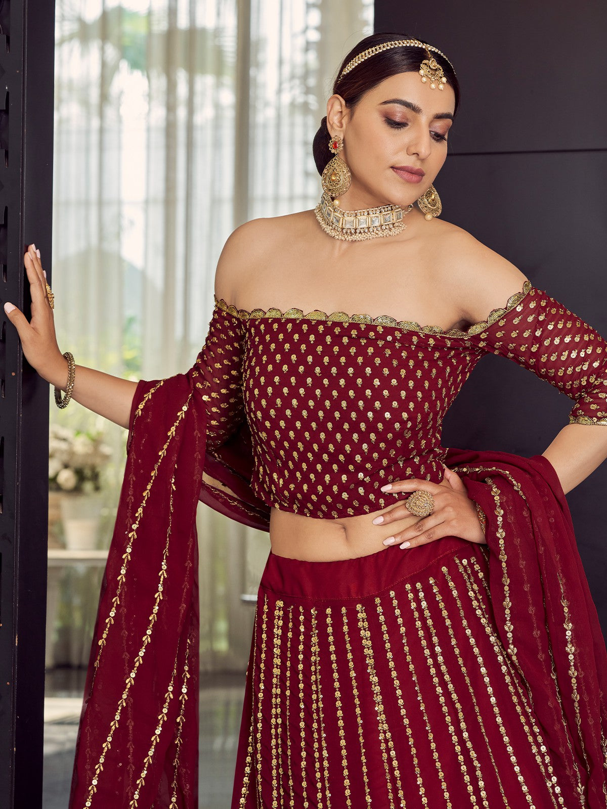 Odette Women Georgette Maroon Semi Stitched Lehenga With Unstitched Blouse