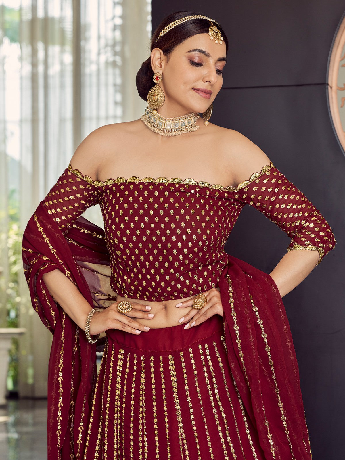 Odette Women Georgette Maroon Semi Stitched Lehenga With Unstitched Blouse