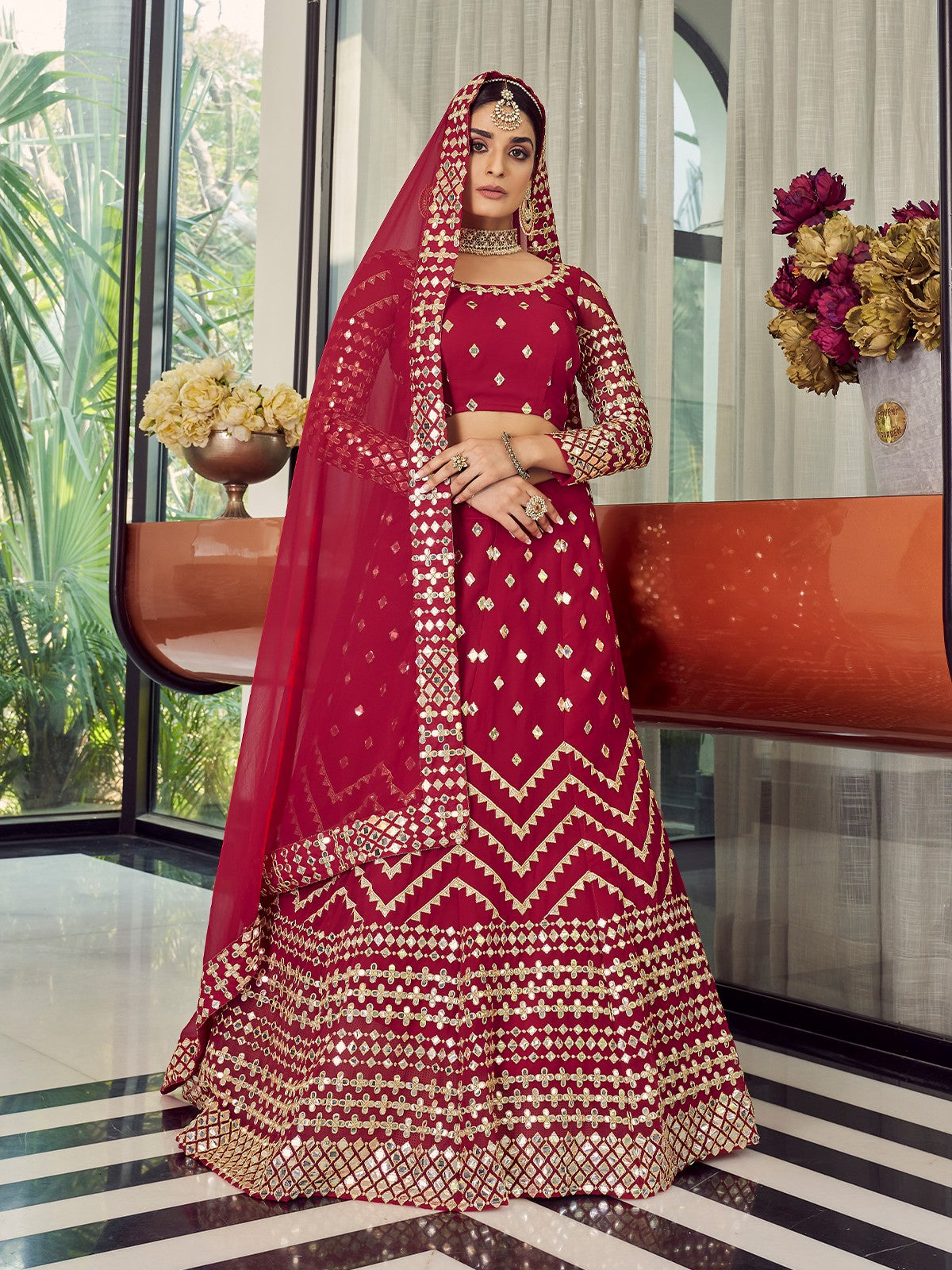 Odette Women Red Elegant  Semi Stitched Lehenga With  Unstitched Blouse