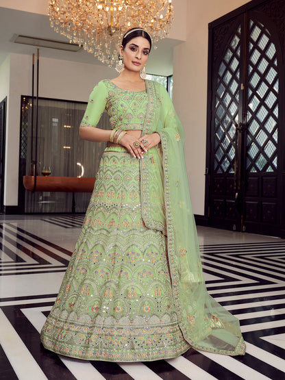 Odette Women Green Embroidered Organza Semi Stitched Lehenga With Unstitched Blouse