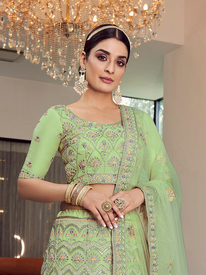 Odette Women Green Embroidered Organza Semi Stitched Lehenga With Unstitched Blouse
