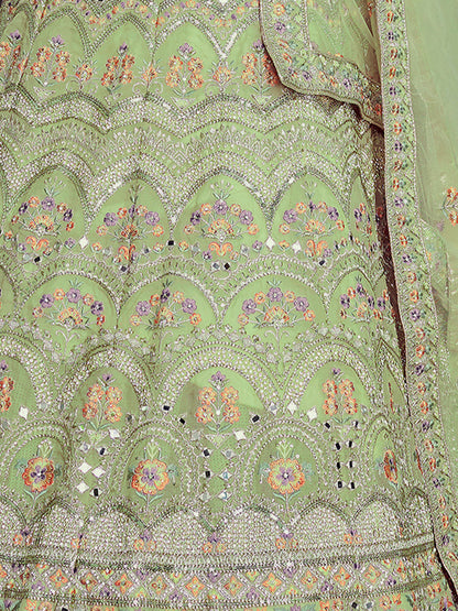 Odette Women Green Embroidered Organza Semi Stitched Lehenga With Unstitched Blouse
