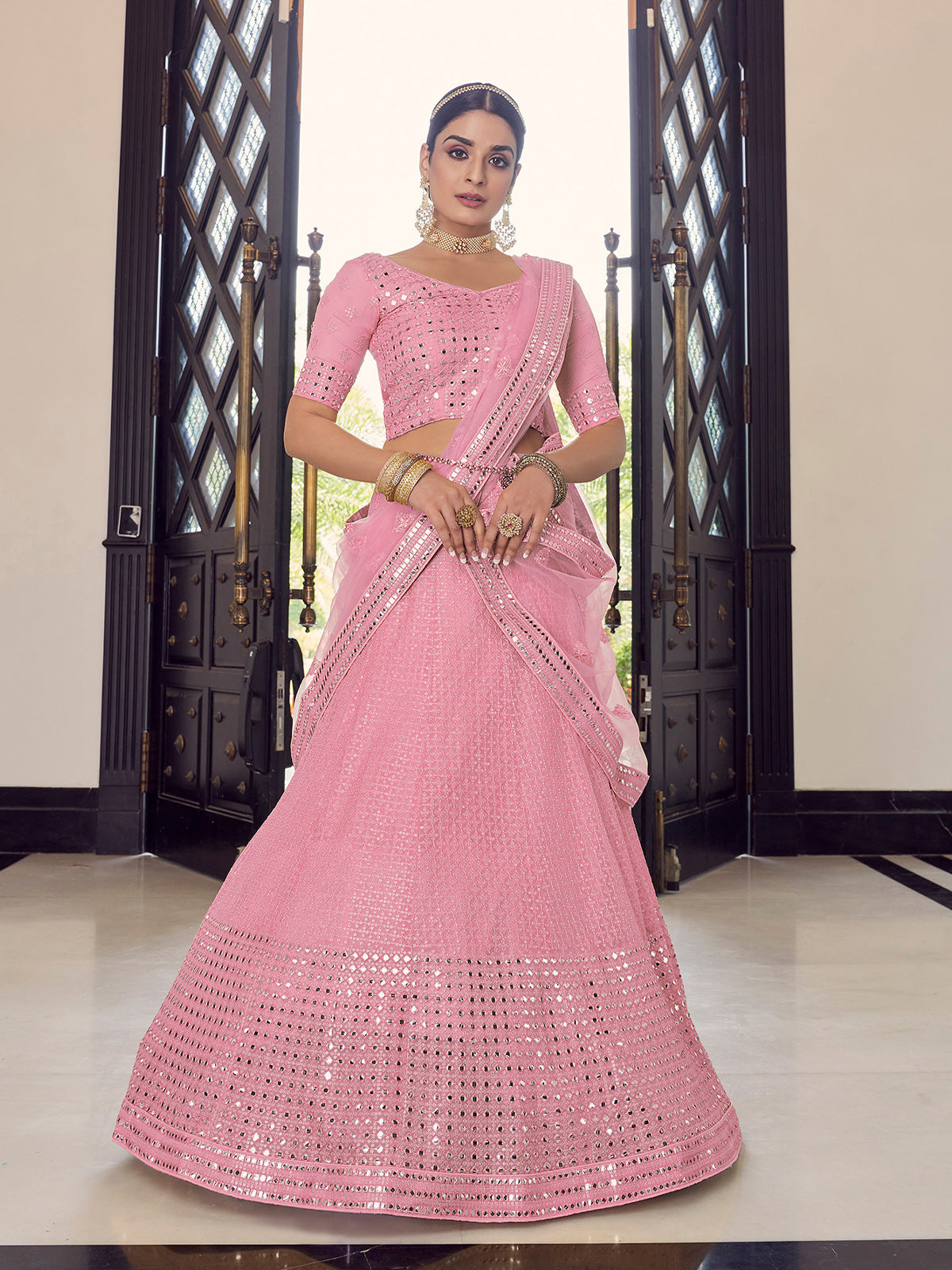 Odette Women Pink Embroidered Georgette Semi Stitched Lehenga With Unstitched Blouse