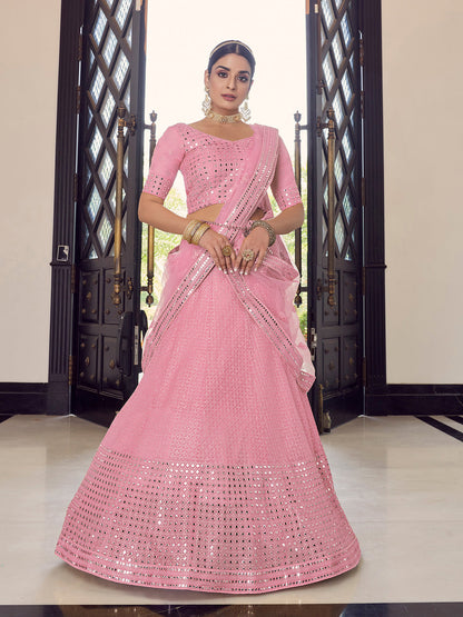 Odette Women Pink Embroidered Georgette Semi Stitched Lehenga With Unstitched Blouse