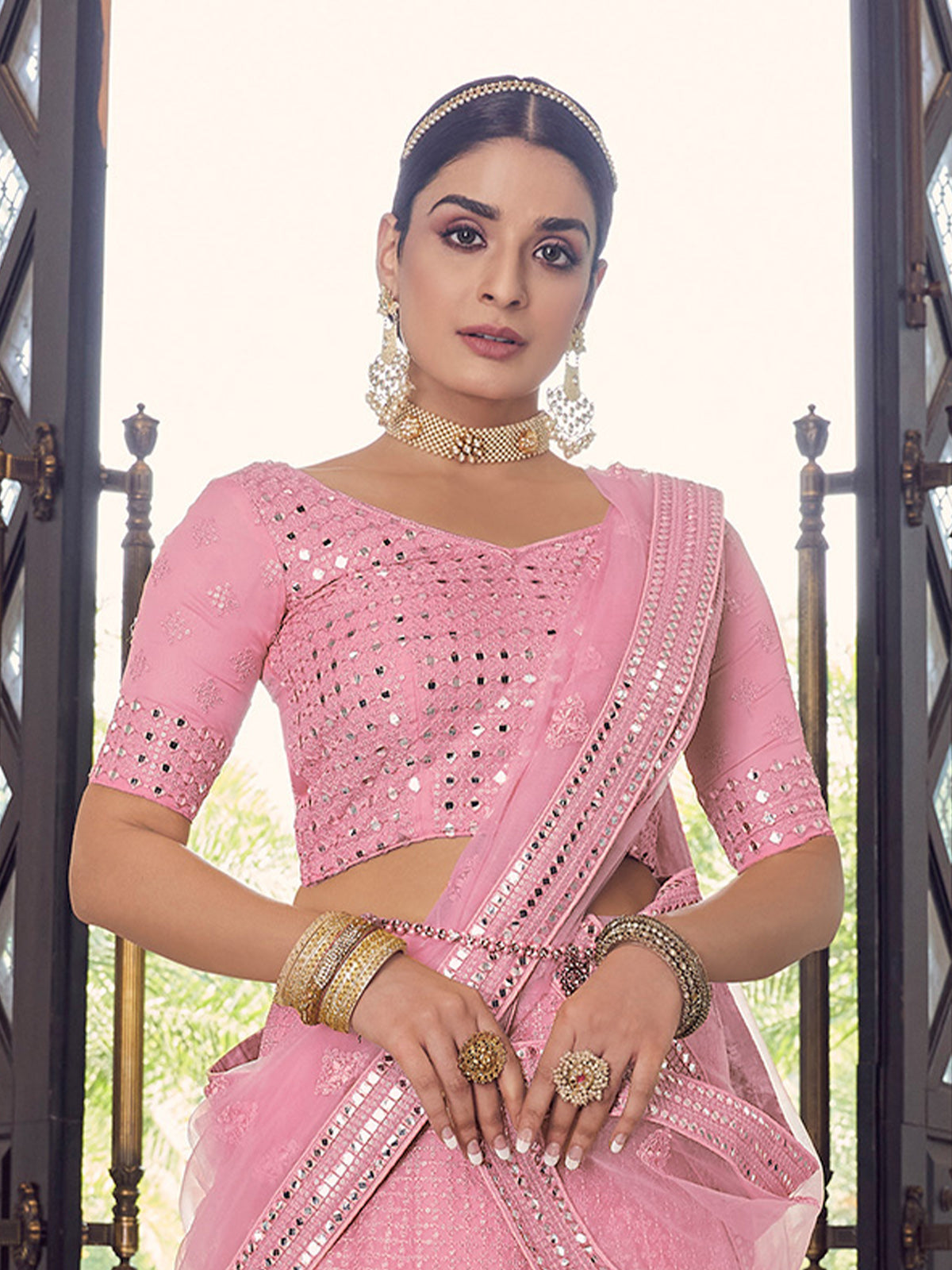 Odette Women Pink Embroidered Georgette Semi Stitched Lehenga With Unstitched Blouse