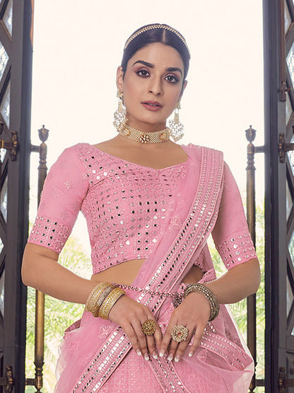 Odette Women Pink Embroidered Georgette Semi Stitched Lehenga With Unstitched Blouse