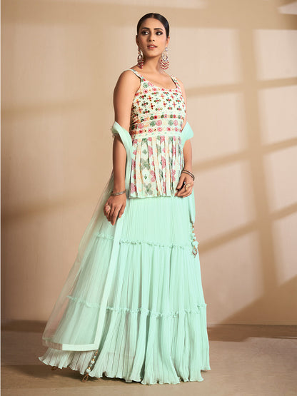 Odette Women Sea Green Embroidered Georgette Semi Stitched Lehenga With Unstitched Blouse