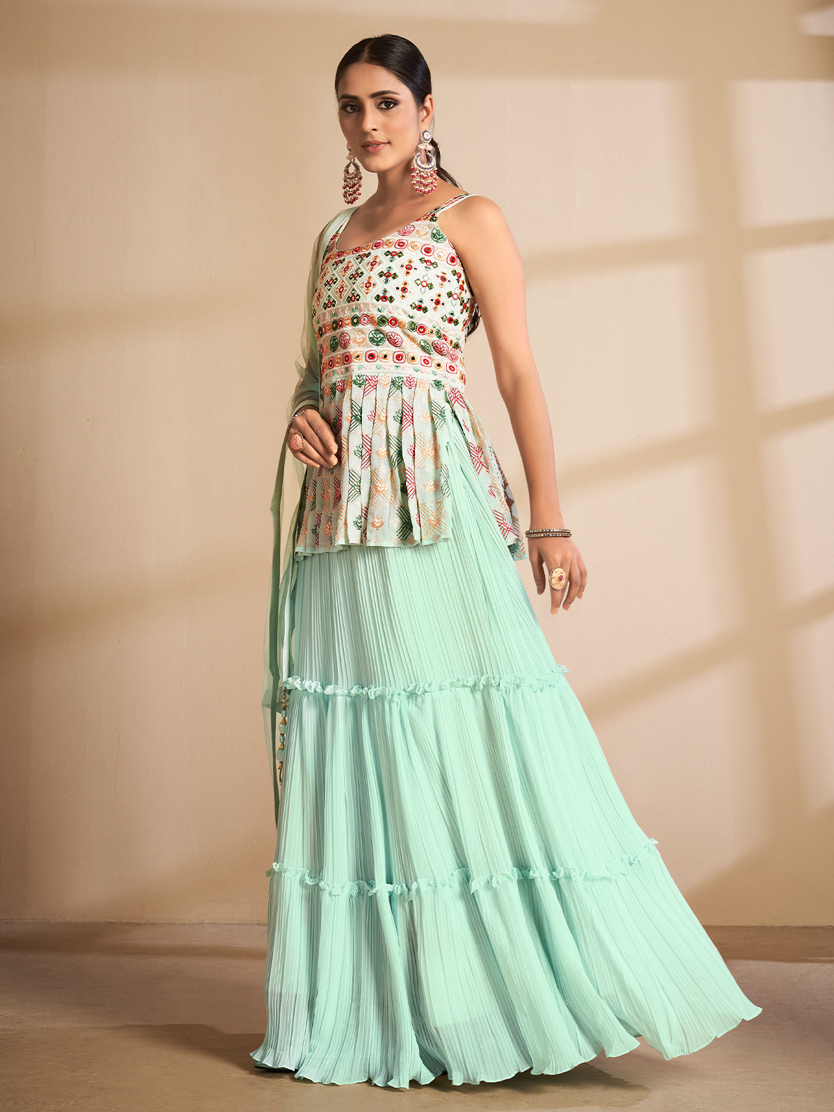 Odette Women Sea Green Embroidered Georgette Semi Stitched Lehenga With Unstitched Blouse
