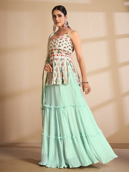 Odette Women Sea Green Embroidered Georgette Semi Stitched Lehenga With Unstitched Blouse