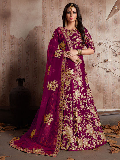 Odette Purple Embroidered Velvet Semi Stitched Lehenga With Blouse For Women