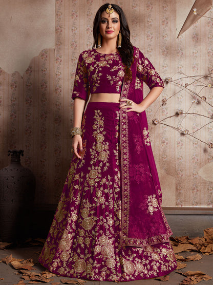 Odette Purple Embroidered Velvet Semi Stitched Lehenga With Blouse For Women