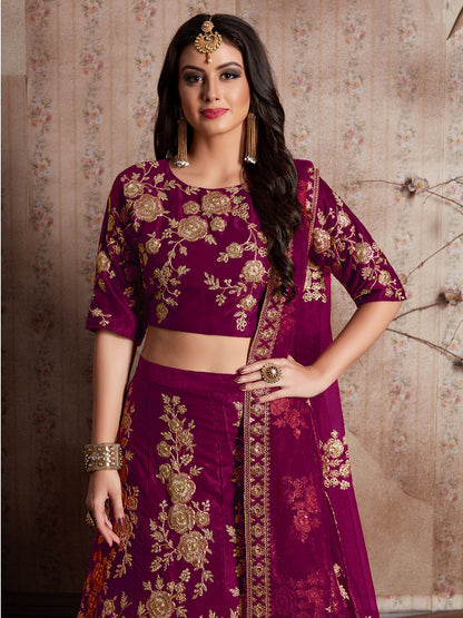 Odette Purple Embroidered Velvet Semi Stitched Lehenga With Blouse For Women