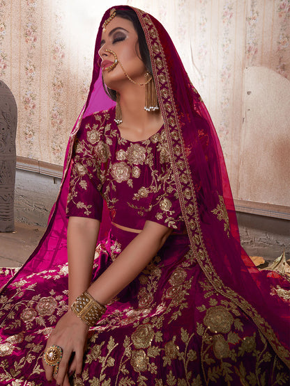 Odette Purple Embroidered Velvet Semi Stitched Lehenga With Blouse For Women