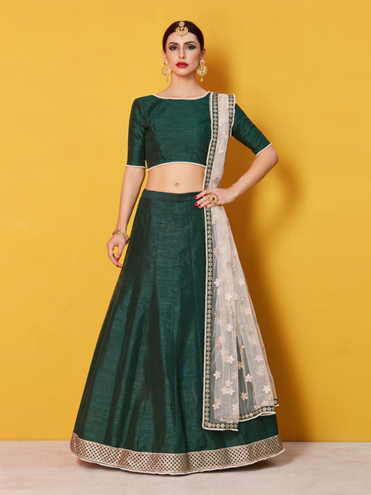 Odette Green Embellished Art Silk Semi Stitched Lehenga With Blouse For Women