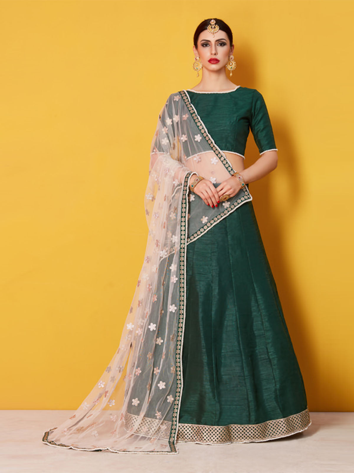 Odette Green Embellished Art Silk Semi Stitched Lehenga With Blouse For Women