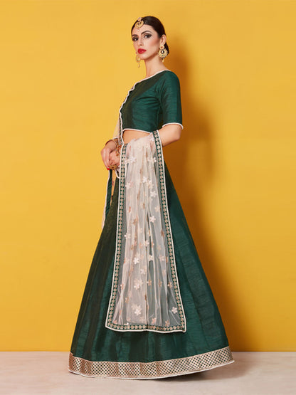 Odette Green Embellished Art Silk Semi Stitched Lehenga With Blouse For Women