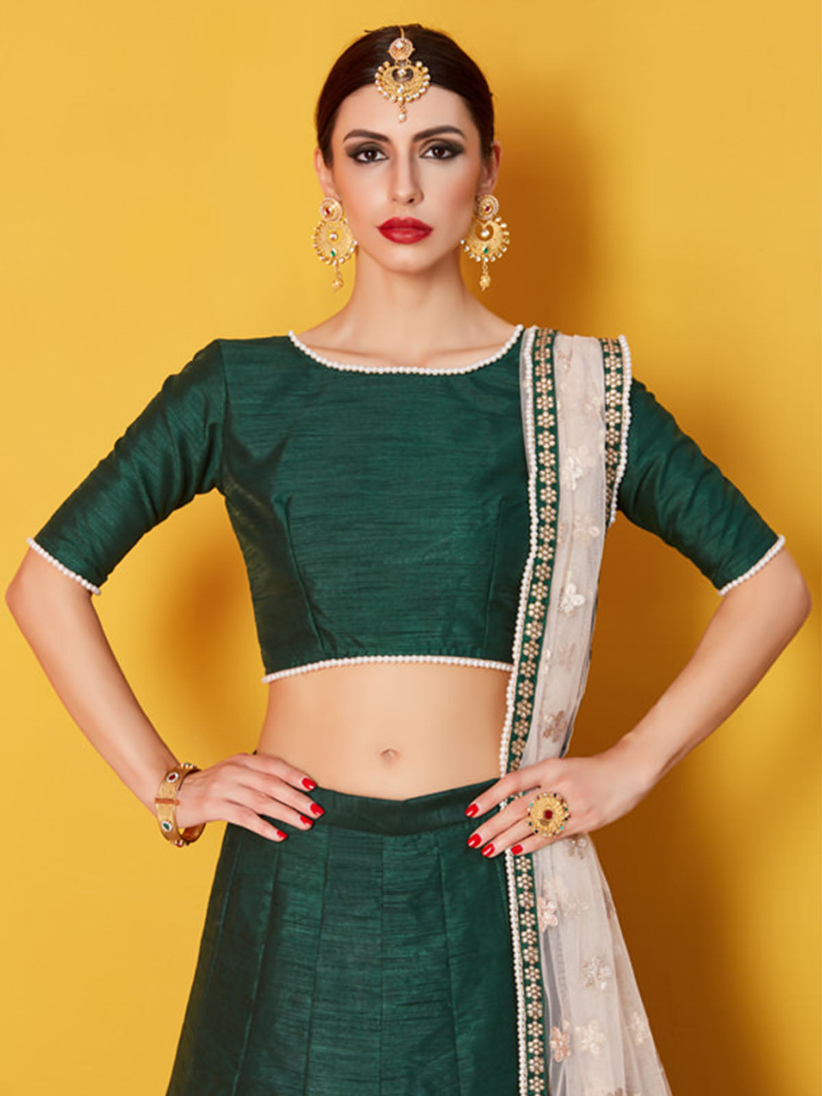 Odette Green Embellished Art Silk Semi Stitched Lehenga With Blouse For Women
