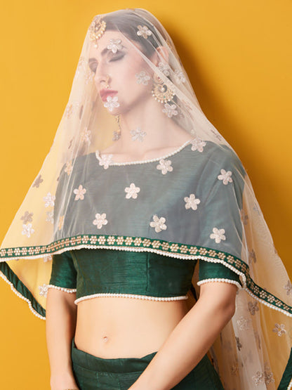Odette Green Embellished Art Silk Semi Stitched Lehenga With Blouse For Women