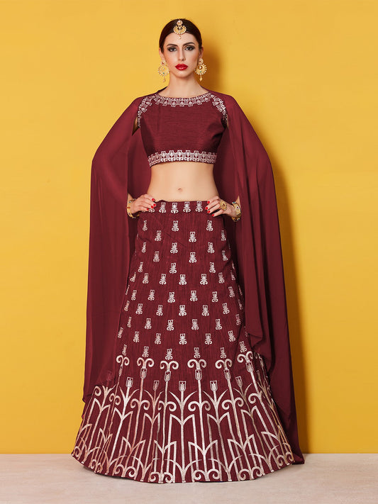 Odette Women Maroon Embroidered Semi Stitched Lehenga With Unstitched Blouse