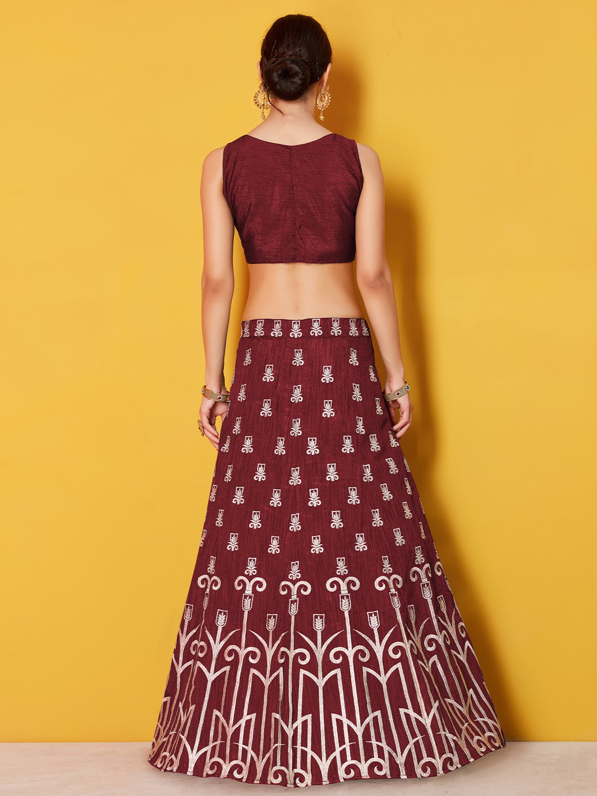 Odette Women Maroon Embroidered Semi Stitched Lehenga With Unstitched Blouse