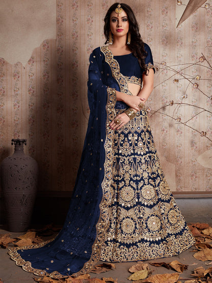 Odette Women Dark Blue Embroidered Semi Stitched Lehenga With Unstitched Blouse