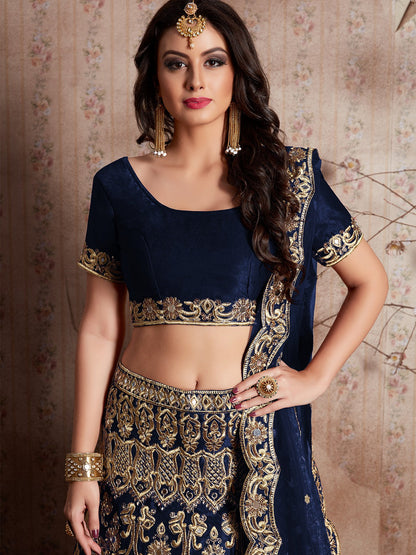 Odette Women Dark Blue Embroidered Semi Stitched Lehenga With Unstitched Blouse