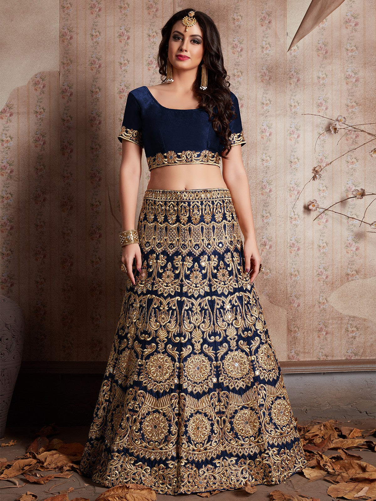 Odette Women Dark Blue Embroidered Semi Stitched Lehenga With Unstitched Blouse