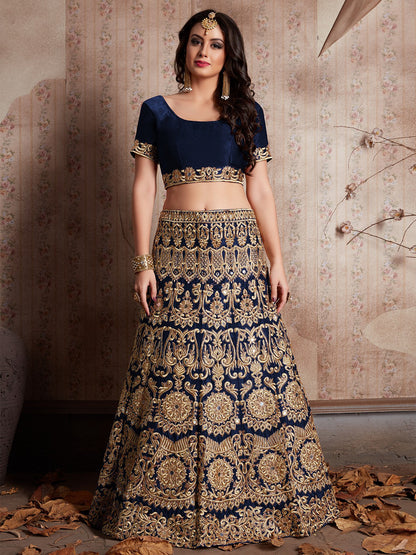 Odette Women Dark Blue Embroidered Semi Stitched Lehenga With Unstitched Blouse