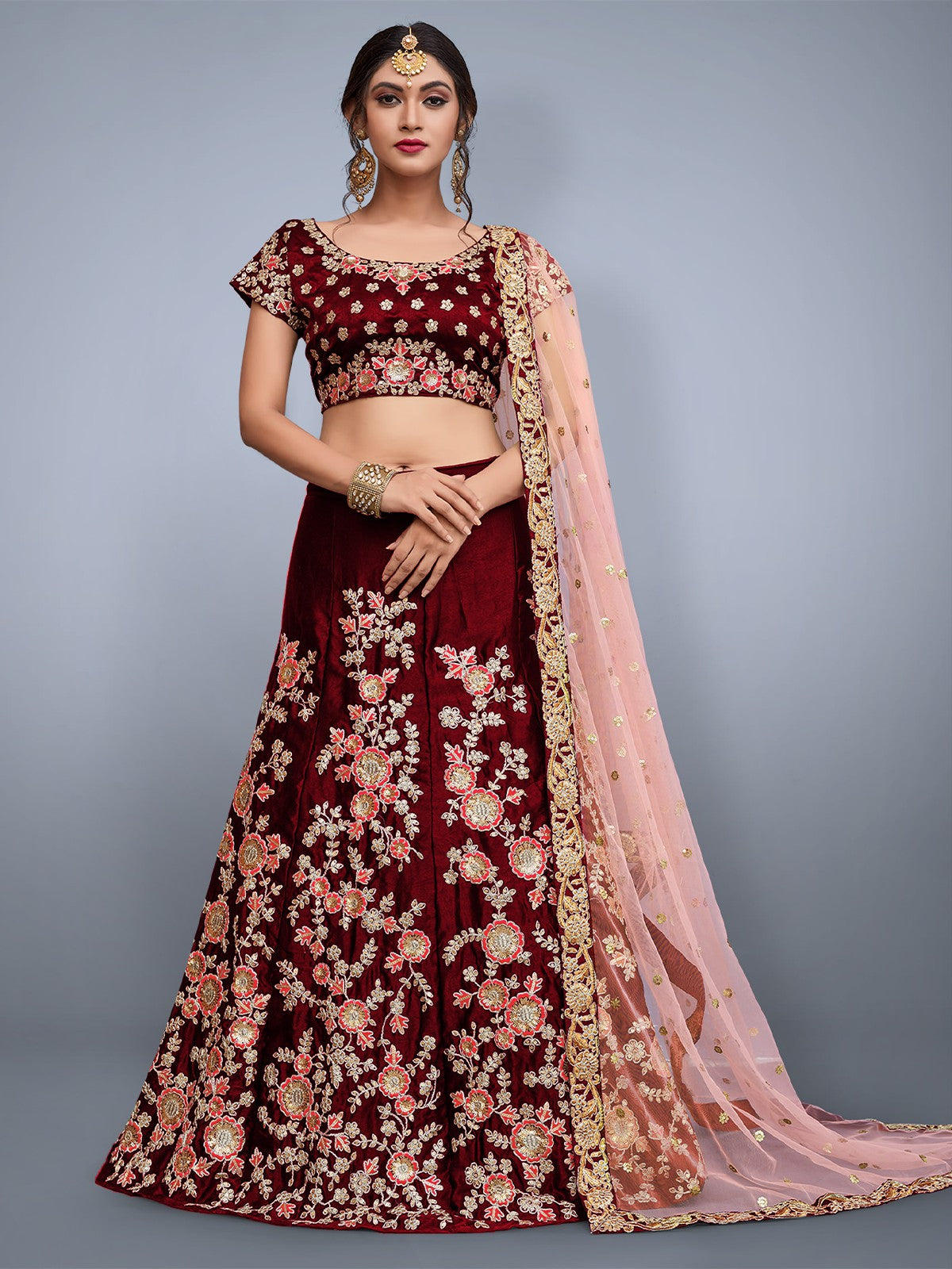 Odette Women Maroon Embroidered Semi Stitched Lehenga With Unstitched Blouse
