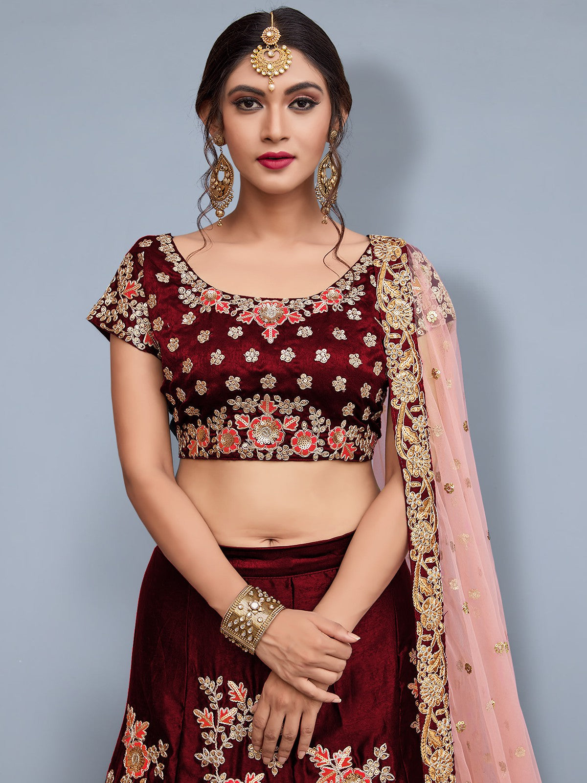 Odette Women Maroon Embroidered Semi Stitched Lehenga With Unstitched Blouse