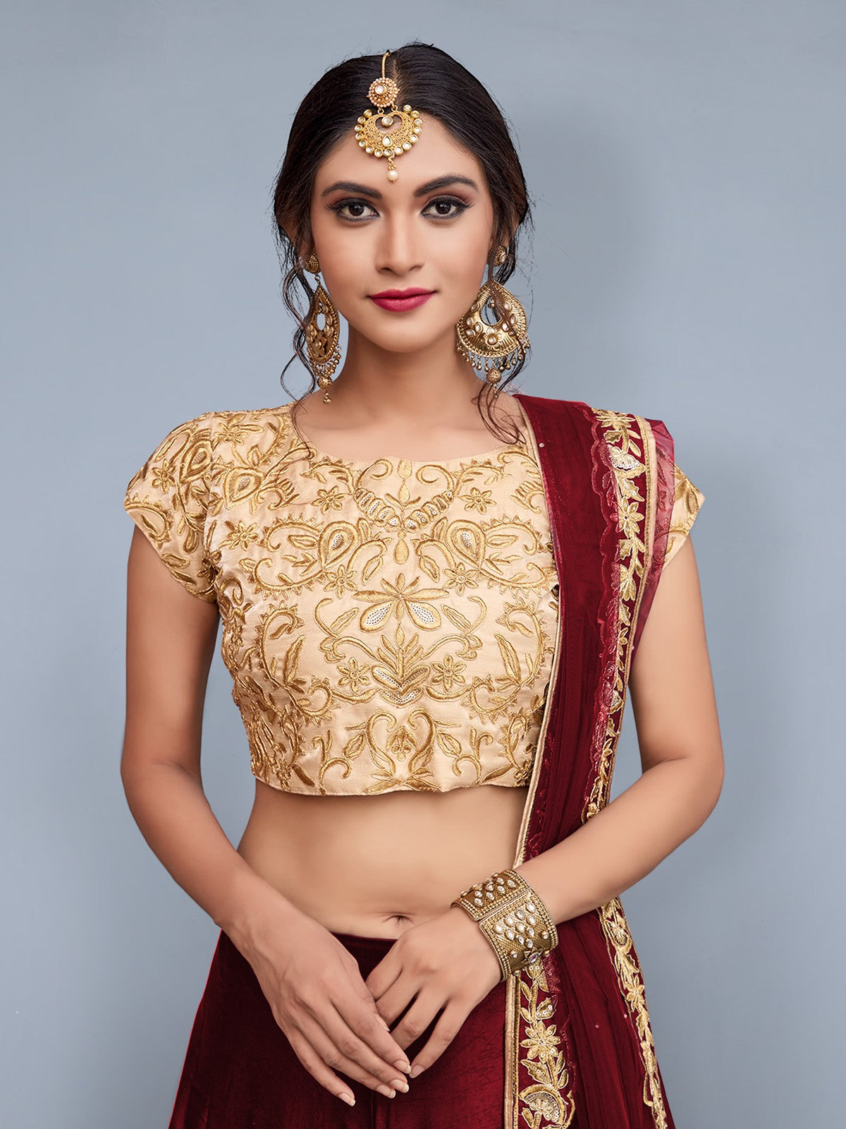 Odette Women Maroon Embroidered Semi Stitched Lehenga With Unstitched Blouse