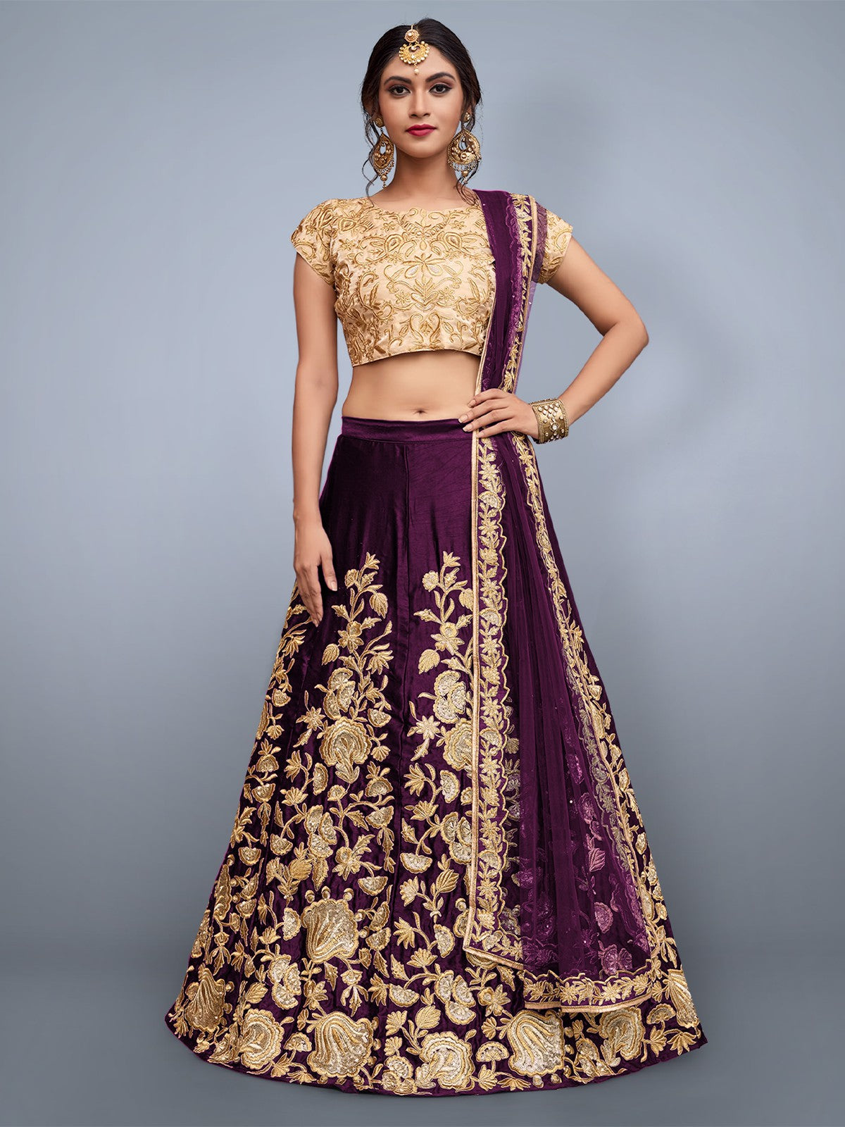 Odette Women Voilet Embroidered Semi Stitched Lehenga With Unstitched Blouse