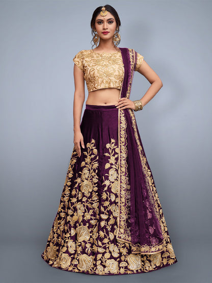 Odette Women Voilet Embroidered Semi Stitched Lehenga With Unstitched Blouse