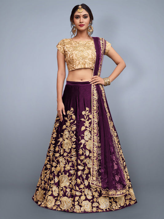 Odette Women Voilet Embroidered Semi Stitched Lehenga With Unstitched Blouse