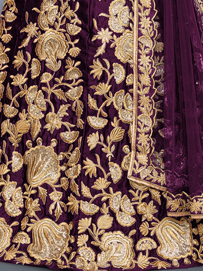 Odette Women Voilet Embroidered Semi Stitched Lehenga With Unstitched Blouse