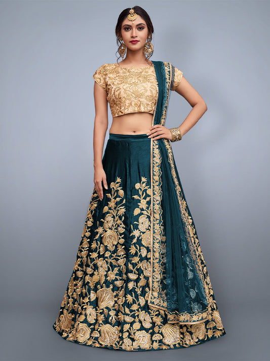 Odette Women Teal Embroidered Semi Stitched Lehenga With Unstitched Blouse
