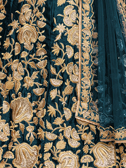 Odette Women Teal Embroidered Semi Stitched Lehenga With Unstitched Blouse