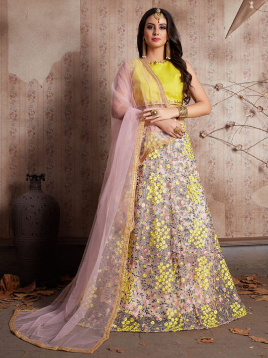 Odette Pink And Yellow Art Silk Embroidered Semi-Stitched Lehenga With Unstitched Blouse For Women