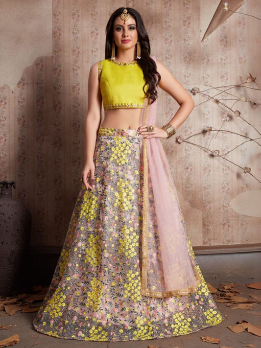 Odette Pink And Yellow Art Silk Embroidered Semi-Stitched Lehenga With Unstitched Blouse For Women